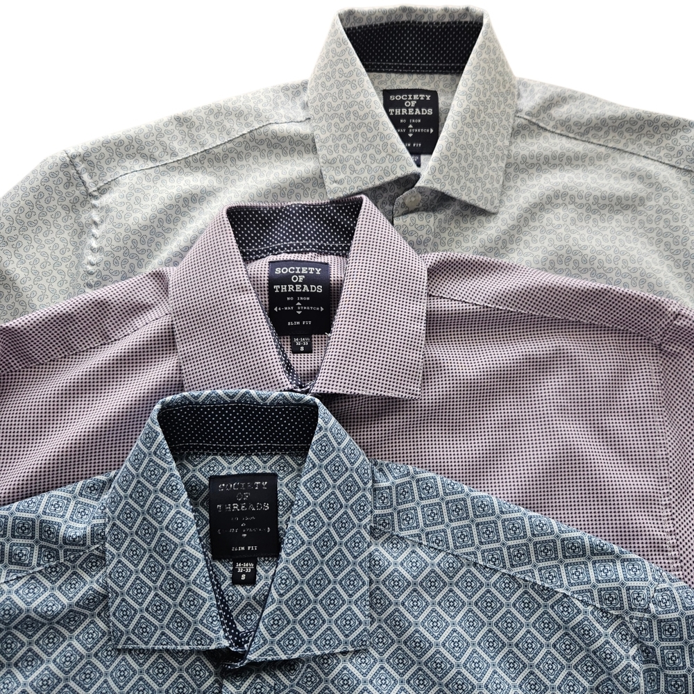 Society Of Threads‎ Mens 4-Way Stretch Patterned Slim Fit Shirts Lot Of 3 Small